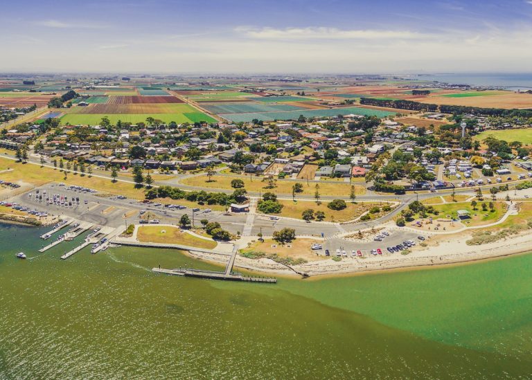 Aerial panoramic landscape of Werribee South colastline, promoting Wyndham businesses, agriculture and community.